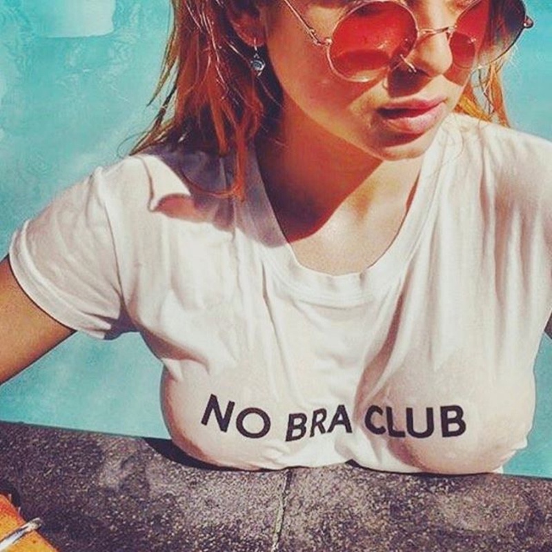 Woman Short Sleeve Crop T-shirt No Bra Club letter Printed Crop
